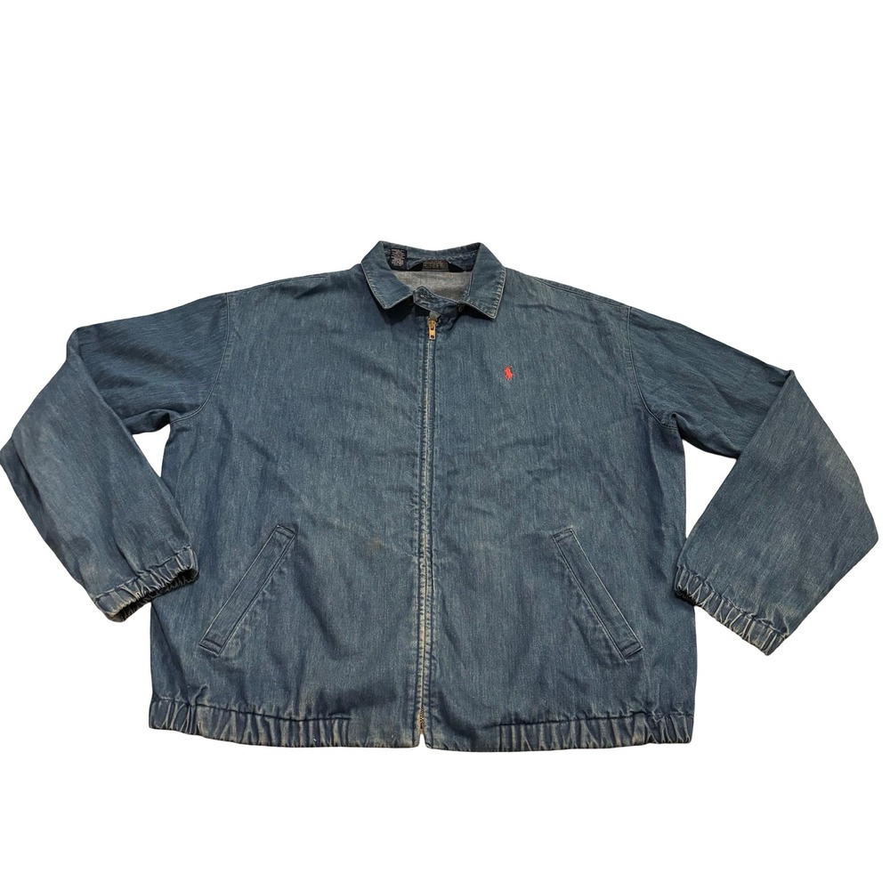 Polo Ralph Lauren Mens Denim Harrington Jacket Blue Zip Up Red‎ Pony Large Vtg